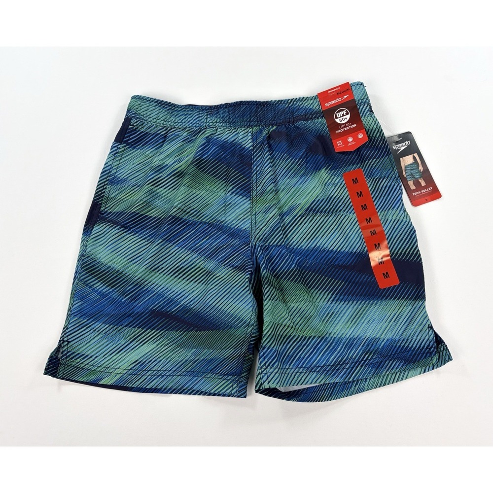 Speedo Tech Volley Swim Trunks Men M Blue Green Wavy UPF 50+ Lined Stretch New